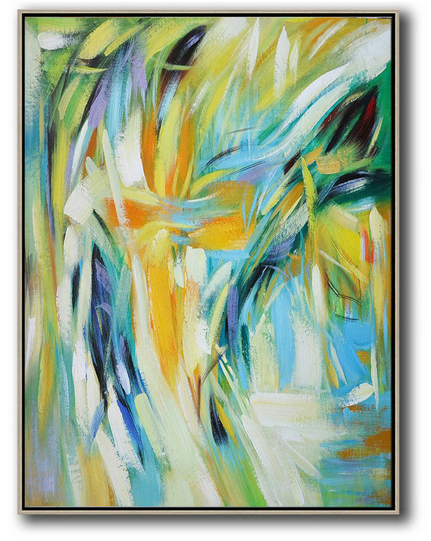Extra Large Acrylic Painting On Canvas,Vertical Palette Knife Contemporary Art,Hand Paint Abstract Painting,Green,White,Yellow,Blue.etc